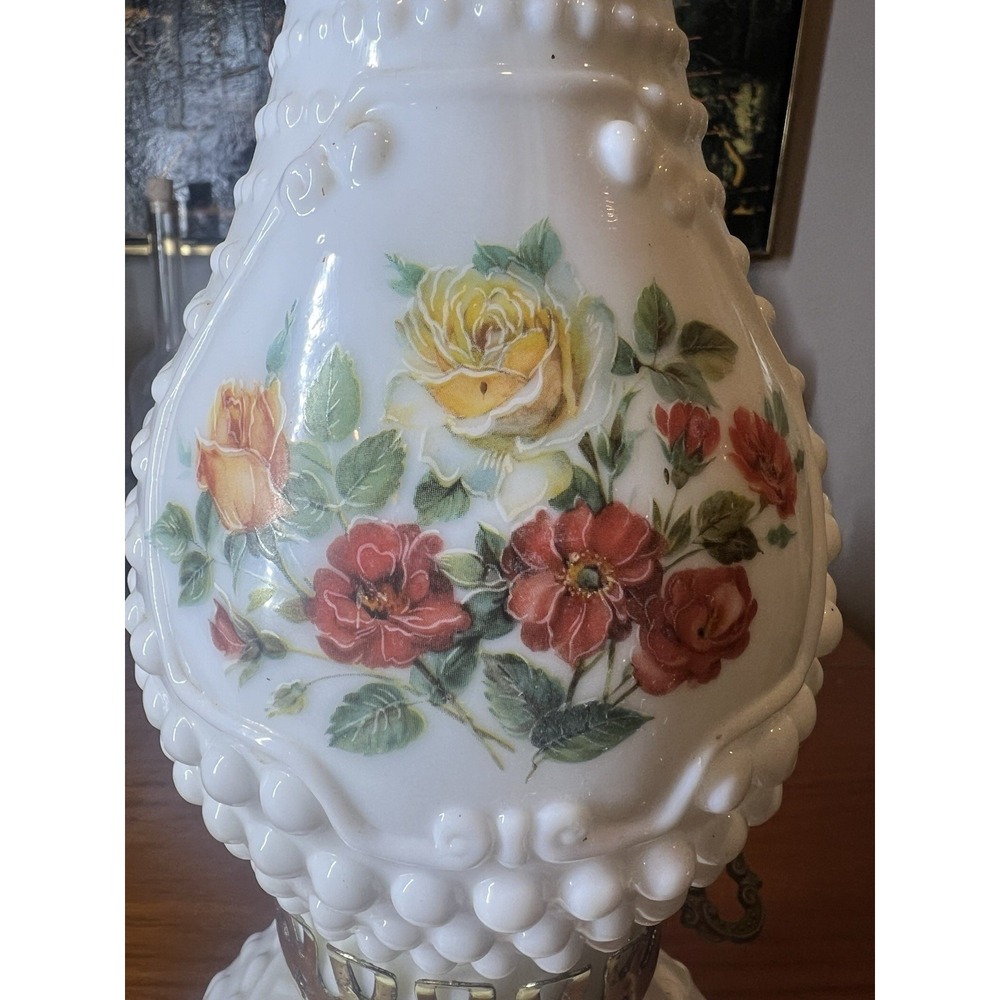 Vintage White Hobnail Floral Glass Table Lamp, Gold Tone Base, Corded, Knob - Picture 3 of 6